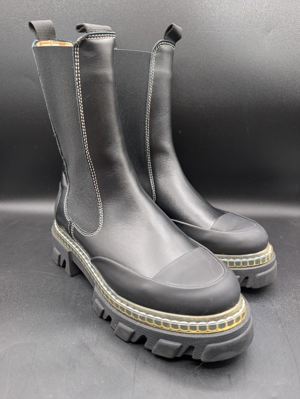 GANNI Cleated Mid Chelsea Boots in Black Leather & Rubber Lug Sole 40 EU / US 9